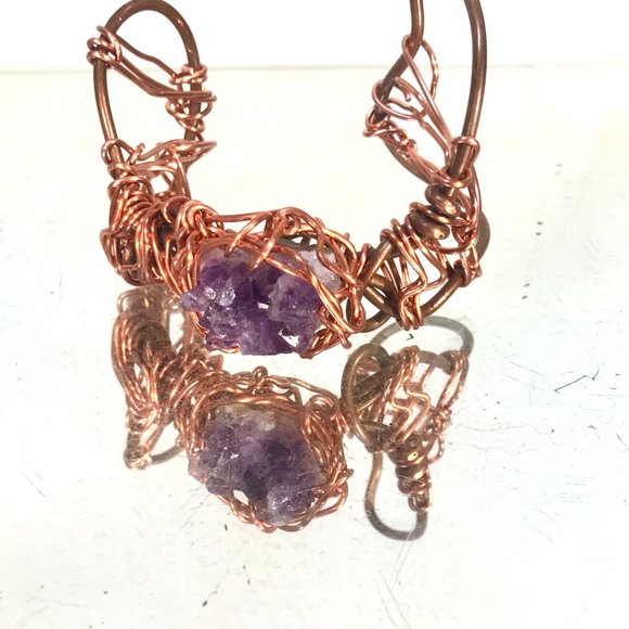 Brutalist Huge Genuine Amethyst Geode Drusy Gemstone Wire Wrapped Copper Cuff - Picture 4 of 7